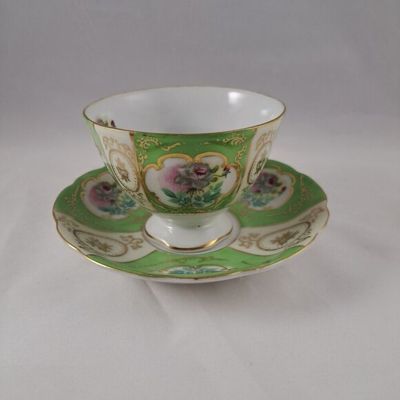 Thames Green Bone China Floral Tea Cup Saucer Gold Trimmed Vintage - Picture 11 of 16